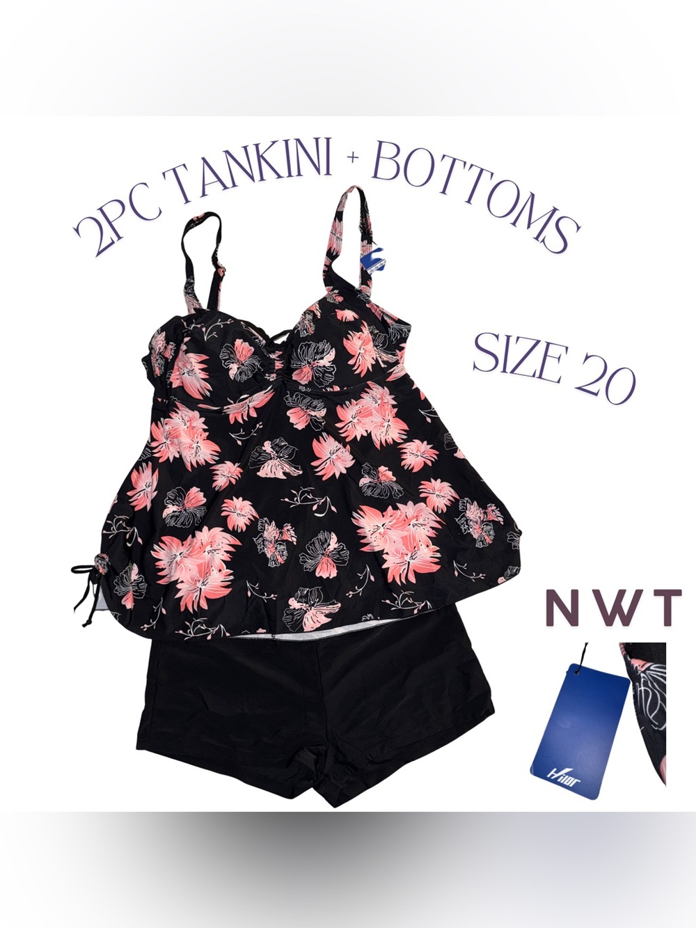 Hilor Womens 2PC Tankini Swimsuit Set‎ Pink Floral Black Boy Shorts Size 20 NWT